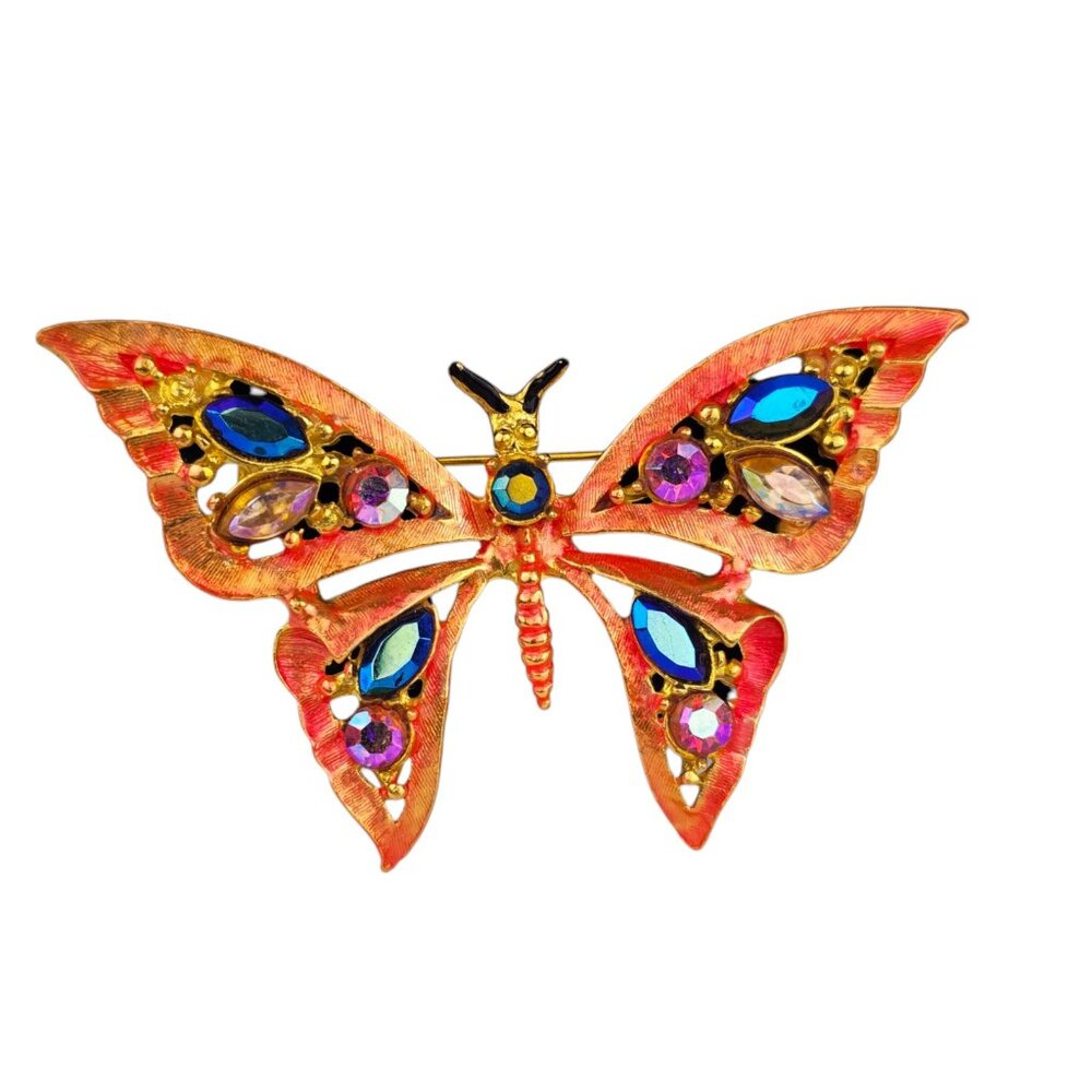 Butterfly Gold-Tone Brooch Enamel Rhinestone Color Crystal Pin